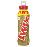 A 350ml bottle of Twix Chocolate Caramel Biscuit Milk Shake Drink with a red and yellow label showing £1.59 RRP and a white cap.